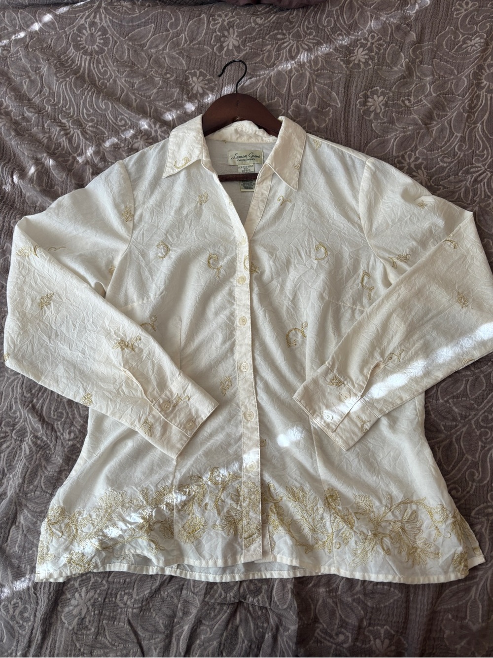 Vintage 1970s Lemon Grove Gold Floral White Blouse